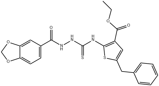 ethyl 2-(2-(benzo[d][1,3]dioxole-5-carbonyl)hydrazinecarbothioamido)-5-benzylthiophene-3-carboxylate Structure