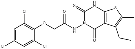 N-(5-ethyl-6-methyl-4-oxo-2-sulfanylidene-1H-thieno[2,3-d]pyrimidin-3-yl)-2-(2,4,6-trichlorophenoxy)acetamide 化学構造式