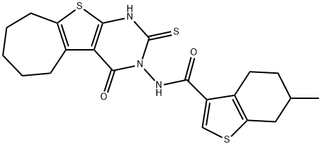 6-methyl-N-(4-oxo-2-sulfanylidene-1,5,6,7,8,9-hexahydrocyclohepta[2,3]thieno[2,4-b]pyrimidin-3-yl)-4,5,6,7-tetrahydro-1-benzothiophene-3-carboxamide Struktur