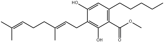 Benzoic acid, 3-[(2E)-3,7-dimethyl-2,6-octadien-1-yl]-2,4-dihydroxy-6-pentyl-, methyl ester Struktur