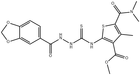 methyl 2-(2-(benzo[d][1,3]dioxole-5-carbonyl)hydrazinecarbothioamido)-5-(dimethylcarbamoyl)-4-methylthiophene-3-carboxylate 化学構造式