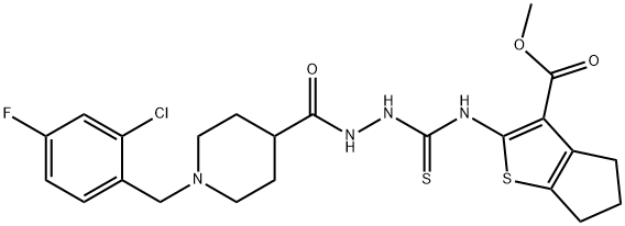 methyl 2-(2-(1-(2-chloro-4-fluorobenzyl)piperidine-4-carbonyl)hydrazinecarbothioamido)-5,6-dihydro-4H-cyclopenta[b]thiophene-3-carboxylate 化学構造式