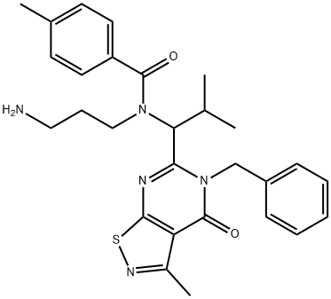 Benzamide, N-(3-aminopropyl)-N-[1-[4,5-dihydro-3-methyl-4-oxo-5-(phenylmethyl)isothiazolo[5,4-d]pyrimidin-6-yl]-2-methylpropyl]-4-methyl- 化学構造式