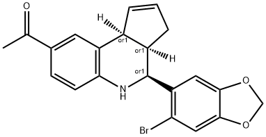(±)-1-[(3aR*,4S*,9bS*)-4-(6-Bromo-1,3-benzodioxol-5-yl)-3a,4,5,9b-tetrahydro-3H-cyclopenta[c]quinolin-8-yl]-ethanone Struktur