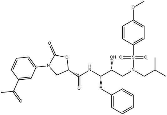 (5S)-3-(3-Acetylphenyl)-N-[(2S,3R)-3-hydroxy-4-{isobutyl[(4-methoxyphenyl)sulfonyl]amino}-1-phenyl-2-butanyl]-2-oxo-1,3-oxazolidine-5-carboxamide 化学構造式