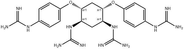 rel-N,N''-[[(1R,3S,4S,6R)-4,6-Bis[(aminoiminomethyl)amino]-1,3-cyclohexanedyil]bis(oxy-4,1-phenylene)]bisguanidine tetratrifluoroacetate salt Struktur