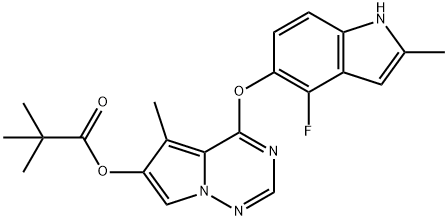 Propanoic acid, 2,2-diMethyl-, 4-[(4-fluoro-2-Methyl-1H-indol-5-yl)oxy]-5-Methylpyrrolo[2,1-f][1,2,4]triazin-6-yl ester 化学構造式