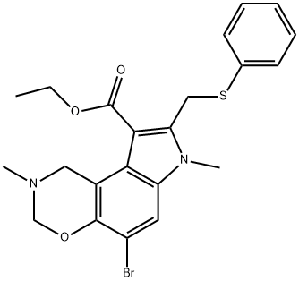 Pyrrolo[3,2-f][1,3]benzoxazine-9-carboxylic acid, 5-bromo-1,2,3,7-tetrahydro-2,7-dimethyl-8-[(phenylthio)methyl]-, ethyl ester 化学構造式