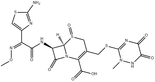 5-Thia-1-azabicyclo[4.2.0]oct-2-ene-2-carboxylic acid, 7-[[(2Z)-(2-amino-4-thiazolyl)(methoxyimino)acetyl]amino]-8-oxo-3-[[(1,2,5,6-tetrahydro-2-methyl-5,6-dioxo-1,2,4-triazin-3-yl)thio]methyl]-, 5-oxide, (6R,7R)- (9CI) 结构式