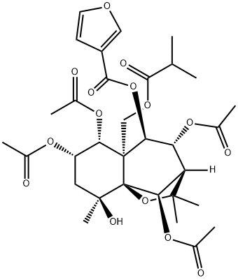 3-Furancarboxylic acid, (3R,4R,5R,5aS,6R,7S,9S,9aS,10R)-4,6,7,10-tetrakis(acetyloxy)octahydro-9-hydroxy-2,2,9-trimethyl-5a-[(2-methyl-1-oxopropoxy)methyl]-2H-3,9a-methano-1-benzoxepin-5-yl ester 结构式