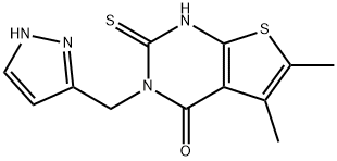 5,6-dimethyl-3-(1H-pyrazol-5-ylmethyl)-2-sulfanylidene-1H-thieno[2,3-d]pyrimidin-4-one 化学構造式