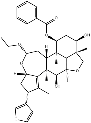 2H,5H-Cyclopent[a]isobenzofuro[7,1-gh][3]benzoxepin-7,9,12-triol, 5-ethoxy-2-(3-furanyl)-3,3a,5,6,6a,6b,7,8,9,9a,10,11a,12,12a-tetradecahydro-1,6b,9a,12a-tetramethyl-, 7-benzoate, (2R,3aS,5S,6aR,6bR,7S,9R,9aR,11aR,12S,12aR)-,1019854-62-6,结构式