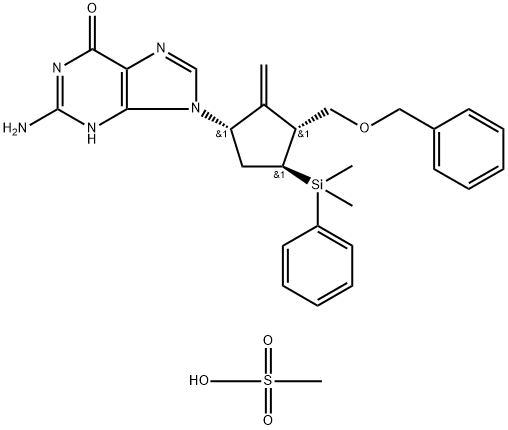 6H-Purin-6-one, 2-aMino-9-[(1S,3R,4S)-4-(diMethylphenylsilyl)-2-Methylene-3-[(phenylMethoxy)Methyl]cyclopentyl]-1,9-dihydro-, Methanesulfonate (2:1) 化学構造式