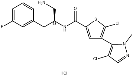 N-((S)-1-氨基-3-(3-氟苯基)丙-2-基)-5-氯-4-(4-氯-1-甲基-1H-吡唑-5-基)噻吩-2-甲酰胺盐酸盐, 1047645-82-8, 结构式