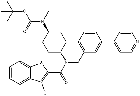 Carbamic acid, N-[trans-4-[[(3-chlorobenzo[b]thien-2-yl)carbonyl][[3-(4-pyridinyl)phenyl]methyl]amino]cyclohexyl]-N-methyl-, 1,1-dimethylethyl ester Struktur