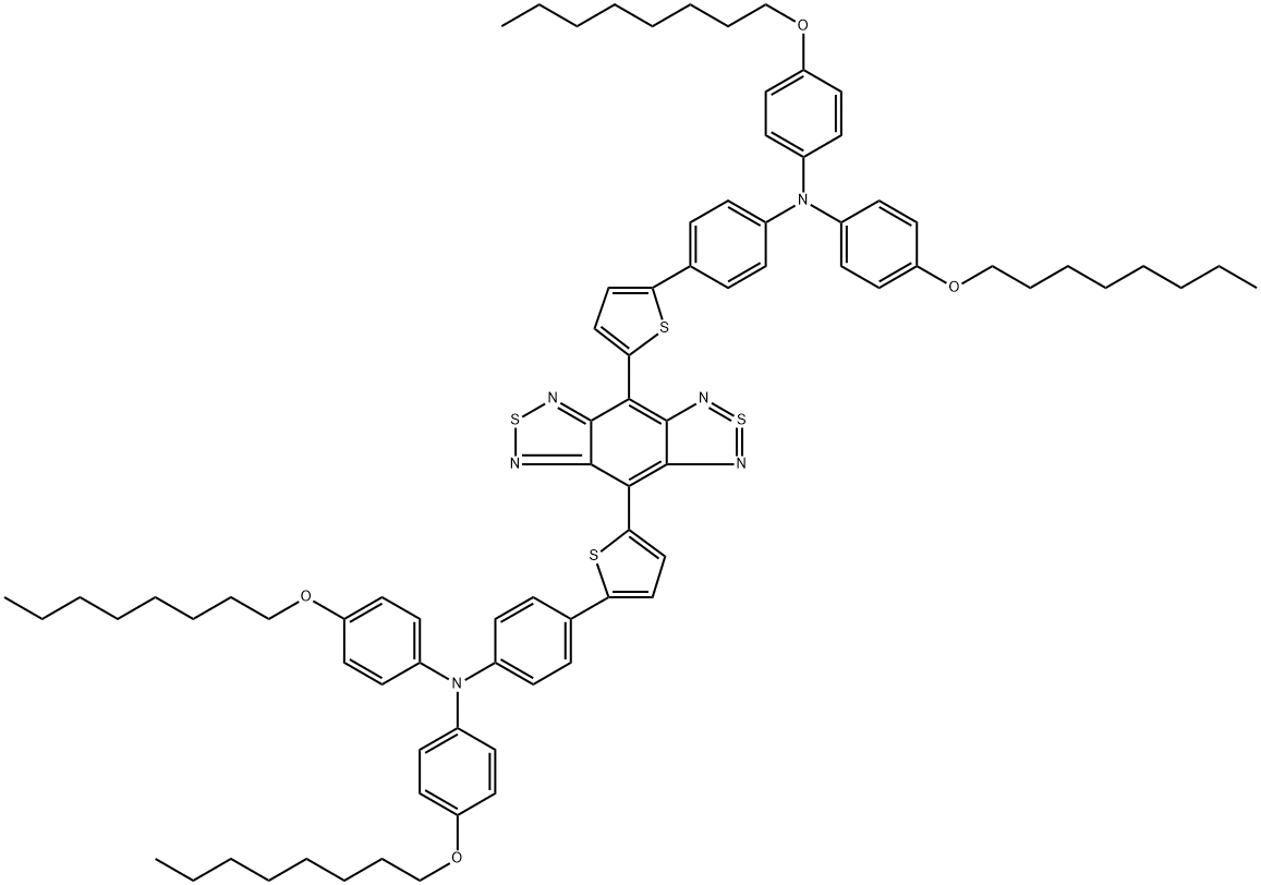 4,8-diyldi-5,2-thiophenediylbis[4-(N,N-bis(4-octyloxyphenyl)amino)phenyl]benzo[1,2-c:4,5-c']bis([1,2,5]thiadiazole) 化学構造式