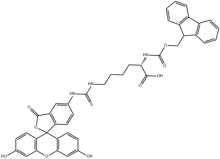 (2S)-6-[(3',6'-dihydroxy-3-oxospiro[2-benzofuran-1,9'-xanthene]-5-yl)carbamothioylamino]-2-(9H-fluoren-9-ylmethoxycarbonylamino)hexanoic acid Structure