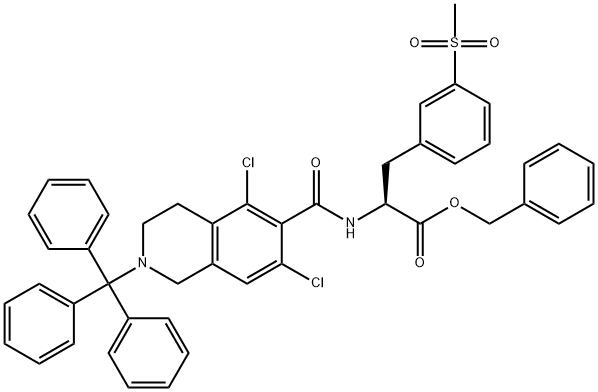 benzyl (S)-2-(5,7-dichloro-2-trityl-1,2,3,4-tetrahydroisoquinoline-6-carboxamido)-3-(3-(methylsulfonyl)phenyl)propanoate 化学構造式
