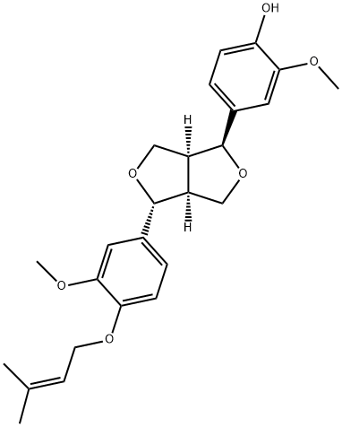 Phenol, 2-methoxy-4-[(1S,3aS,4R,6aS)-tetrahydro-4-[3-methoxy-4-[(3-methyl-2-buten-1-yl)oxy]phenyl]-1H,3H-furo[3,4-c]furan-1-yl]- Structure