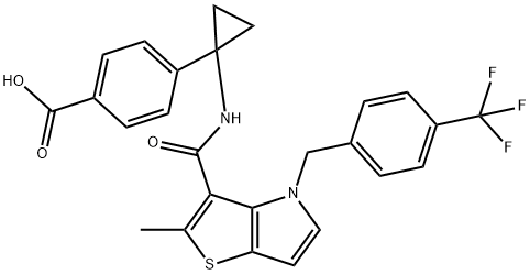 Benzoic acid, 4-[1-[[[2-methyl-4-[[4-(trifluoromethyl)phenyl]methyl]-4H-thieno[3,2-b]pyrrol-3-yl]carbonyl]amino]cyclopropyl]- 化学構造式