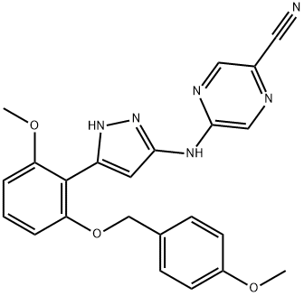 2-Pyrazinecarbonitrile, 5-[[5-[2-methoxy-6-[(4-methoxyphenyl)methoxy]phenyl]-1H-pyrazol-3-yl]amino]- Structure