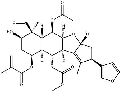 2H-Cyclopenta[b]naphtho[2,3-d]furan-10-acetic acid, 5-(acetyloxy)-6-formyl-2-(3-furanyl)-3,3a,4a,5,5a,6,7,8,9,9a,10,10a-dodecahydro-7-hydroxy-1,6,9a,10a-tetramethyl-9-[(2-methyl-1-oxo-2-propen-1-yl)oxy]-, methyl ester, (2R,3aR,4aS,5R,5aR,6S,7R,9S,9aR,10R,10aR)- Structure