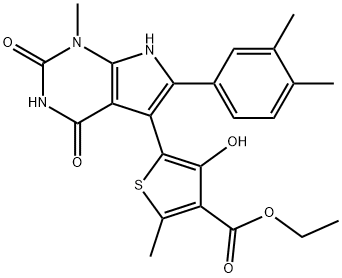 3-Thiophenecarboxylic acid, 5-[6-(3,4-dimethylphenyl)-2,3,4,7-tetrahydro-1-methyl-2,4-dioxo-1H-pyrrolo[2,3-d]pyrimidin-5-yl]-4-hydroxy-2-methyl-, ethyl ester Structure