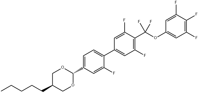 1,3-Dioxane, 2-[4'-[difluoro(3,4,5-trifluorophenoxy)methyl]-2,3',5'-trifluoro[1,1'-biphenyl]-4-yl]-5-pentyl-, trans- Struktur