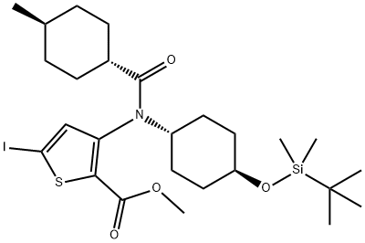 3-[[4-(tert-Butyl-dimethyl-silanyloxy)-cyclohexyl]-(4-methyl-cyclohexanecarbonyl)-amino]-5-iodo-thiophene-2-carboxylic acid methyl ester,1263101-57-0,结构式