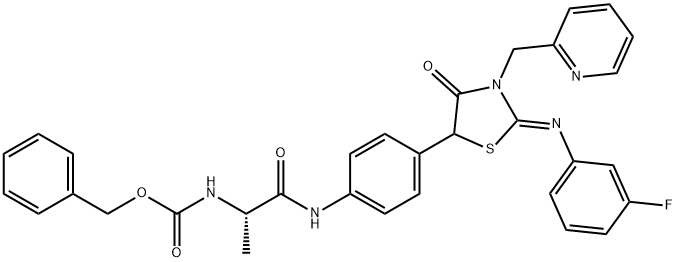 Benzyl [(2S)-1-({4-[(2Z)-2-[(3-fluorophenyl)imino]-4-oxo-3-(2-pyridinylmethyl)-1,3-thiazolidin-5-yl]phenyl}amino)-1-oxo-2-propanyl]carbamate Struktur