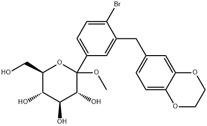 (3R,4S,5S,6R)-2-(4-bromo-3-((2,3-dihydrobenzo[b][1,4]dioxin-6-yl)meth yl)phenyl)-6-(hydroxymethyl)-2-methoxytetrahydro-2H-pyran-3,4,5-triol Structure