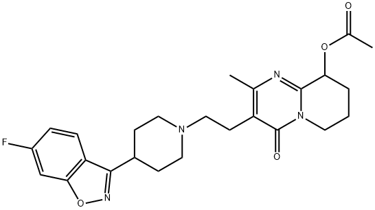 4H-Pyrido[1,2-a]pyrimidin-4-one, 9-(acetyloxy)-3-[2-[4-(6-fluoro-1,2-benzisoxazol-3-yl)-1-piperidinyl]ethyl]-6,7,8,9-tetrahydro-2-methyl- 化学構造式