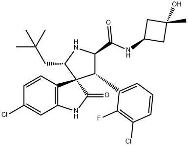 Spiro[3H-indole-3,3'-pyrrolidine]-5'-carboxamide, 6-chloro-4'-(3-chloro-2-fluorophenyl)-2'-(2,2-dimethylpropyl)-1,2-dihydro-N-(cis-3-hydroxy-3-methylcyclobutyl)-2-oxo-, (2'S,3R,4'S,5'R)- Struktur