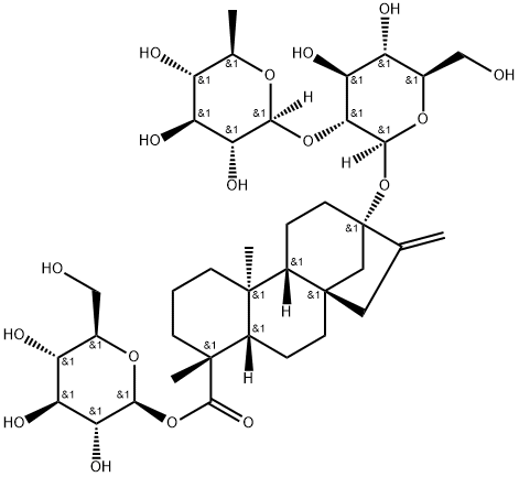 Kaur-16-en-18-oic acid, 13-[[2-O-(6-deoxy-β-D-glucopyranosyl)-β-D-glucopyranosyl]oxy]-, β-D-glucopyranosyl ester, (4α)- Struktur