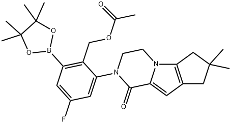 2-(7,7-二甲基-1-氧代-1,3,4,6,7,8-六氢-2H-环戊并[4,5]吡咯并[1,2-A]吡嗪-2-基)-4-氟-6-(4,4,5,5-四甲基-1,3,2-二氧硼烷-2-基)苄基乙酸盐 结构式