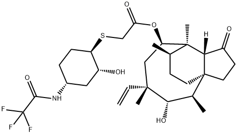 Acetic acid, 2-[[(1R,2R,4R)-2-hydroxy-4-[(2,2,2-trifluoroacetyl)amino]cyclohexyl]thio]-, (3aS,4R,5S,6S,8R,9R,9aR,10R)-6-ethenyldecahydro-5-hydroxy-4,6,9,10-tetramethyl-1-oxo-3a,9-propano-3aH-cyclopentacycloocten-8-yl ester,1350636-79-1,结构式