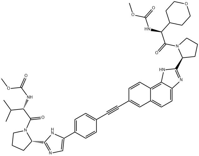 1350926-08-7 Carbamic acid, N-[(1S)-2-[(2S)-2-[7-[2-[4-[2-[(2S)-1-[(2S)-2-[(methoxycarbonyl)amino]-3-methyl-1-oxobutyl]-2-pyrrolidinyl]-1H-imidazol-5-yl]phenyl]ethynyl]-1H-naphth[1,2-d]imidazol-2-yl]-1-pyrrolidinyl]-2-oxo-1-(tetrahydro-2H-pyran-4-yl)ethyl]-, methyl es