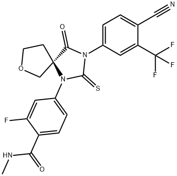 Benzamide, 4-[(5R)-3-[4-cyano-3-(trifluoromethyl)phenyl]-4-oxo-2-thioxo-7-oxa-1,3-diazaspiro[4.4]non-1-yl]-2-fluoro-N-methyl- Struktur