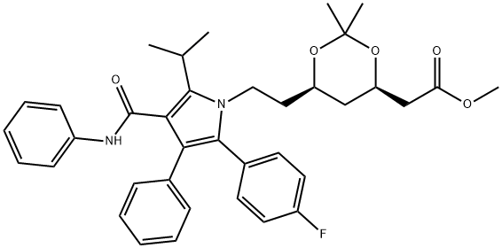methyl 2-((4R,6R)-6-(2-(2-(4-fluorophenyl)-5-isopropyl-3-phenyl-4- (phenylcarbamoyl)-1H-pyrrol-1-yl)ethyl)-2,2-dimethyl-1,3-dioxan-4- yl)acetate 化学構造式
