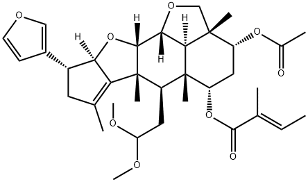 2-Butenoic acid, 2-methyl-, (2aR,3R,5S,5aR,6R,6aR,9R,9aR,10aS,10bR,10cR)-3-(acetyloxy)-6-(2,2-dimethoxyethyl)-9-(3-furanyl)-2a,4,5,5a,6,6a,8,9,9a,10a,10b,10c-dodecahydro-2a,5a,6a,7-tetramethyl-2H,3H-cyclopenta[b]furo[2',3',4':4,5]naphtho[2,3-d]furan-5-yl ester, (2E)- Structure