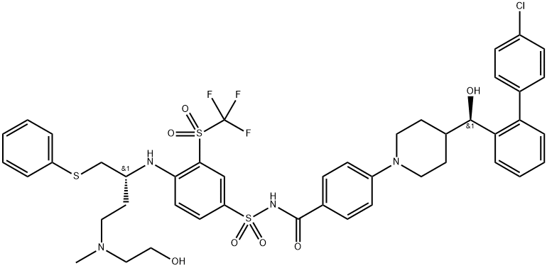 4-{4-[(R)-{4'-クロロ-[1,1'-ビフェニル]-2-イル}(ヒドロキシ)メチル]ピペリジン-1-イル}-N-(4-{[(2R)-4-[(2-ヒドロキシエチル)(メチル)アミノ]-1-(フェニルスルファニル)ブタン-2-イル]アミノ}-3-トリフルオロメタンスルホニルベンゼンスルホニル)ベンズアミド 化学構造式