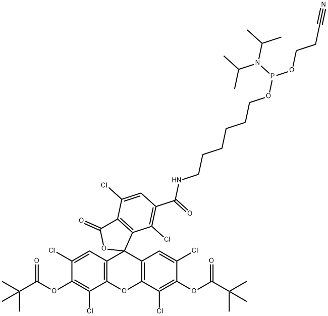 Propanoic acid, 2,2-dimethyl-, 1,1'-[6-[10-[bis(1-methylethyl)amino]-13-cyano-1-oxo-9,11-dioxa-2-aza-10-phosphatridec-1-yl]-2',4,4',5',7,7'-hexachloro-3-oxospiro[isobenzofuran-1(3H),9'-[9H]xanthene]-3',6'-diyl] ester Struktur