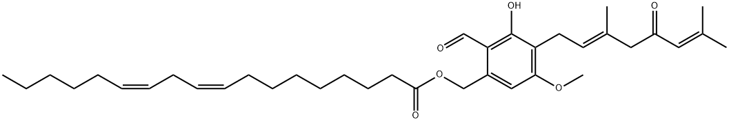 9,12-Octadecadienoic acid (9Z,12Z)-, [4-[(2E)-3,7-dimethyl-5-oxo-2,6-octadien-1-yl]-2-formyl-3-hydroxy-5-methoxyphenyl]methyl ester Structure