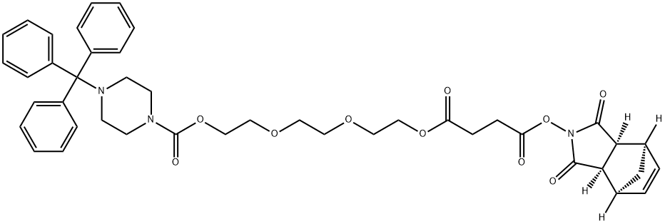 Butanedioic acid, 1-[(3aR,4S,7R,7aS)-1,3,3a,4,7,7a-hexahydro-1,3-dioxo-4,7-methano-2H-isoindol-2-yl] 4-[2-[2-[2-[[[4-(triphenylmethyl)-1-piperazinyl]carbonyl]oxy]ethoxy]ethoxy]ethyl] ester 化学構造式