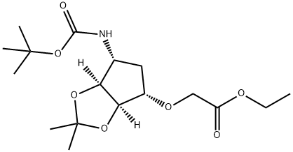 Acetic acid, 2-[[(3aR,4S,6R,6aS)-6-[[(1,1-dimethylethoxy)carbonyl]amino]tetrahydro-2,2-dimethyl-4H-cyclopenta-1,3-dioxol-4-yl]oxy]-, ethyl ester 化学構造式