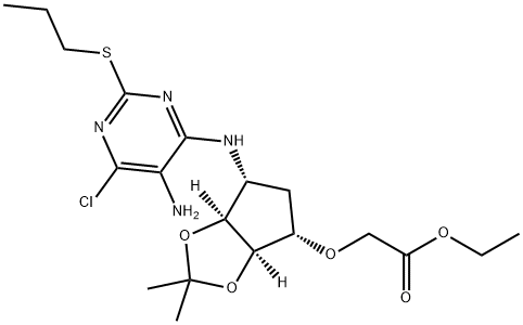 Acetic acid, 2-[[(3aR,4S,6R,6aS)-6-[[5-amino-6-chloro-2-(propylthio)-4-pyrimidinyl]amino]tetrahydro-2,2-dimethyl-4H-cyclopenta-1,3-dioxol-4-yl]oxy]-, ethyl ester Structure