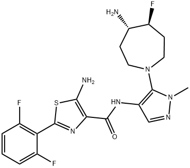 4-Thiazolecarboxamide, 5-amino-N-[5-[(4S,5S)-4-amino-5-fluorohexahydro-1H-azepin-1-yl]-1-methyl-1H-pyrazol-4-yl]-2-(2,6-difluorophenyl)- Struktur