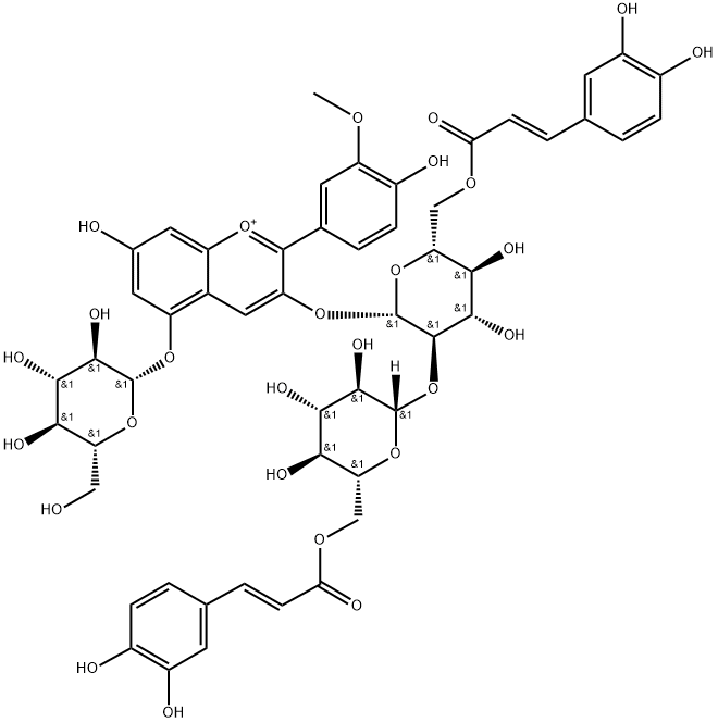 Peonidin-3-O-[6-O-(E)-Caffeoyl-2-O-{6-O-Caffeoyl-β-D-glucoside}-β-D-glucoside]-5-O-β-D-glucoside Structure