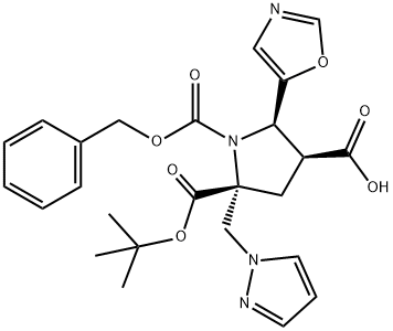 1,2,4-pyrrolidinetricarboxylic acid, 5-(5-oxazolyl)-2-(1H-pyrazol-1-ylmethyl)-, 2-(1,1-dimethylethyl) 1-(phenylmethyl) ester, (2R,4S,5R)- Struktur