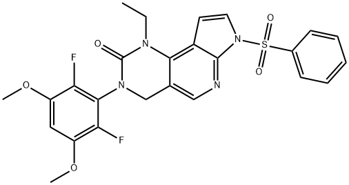 2H-Pyrrolo[3',2':5,6]pyrido[4,3-d]pyrimidin-2-one, 3-(2,6-difluoro-3,5-dimethoxyphenyl)-1-ethyl-1,3,4,7-tetrahydro-7-(phenylsulfonyl)-,1513860-01-9,结构式